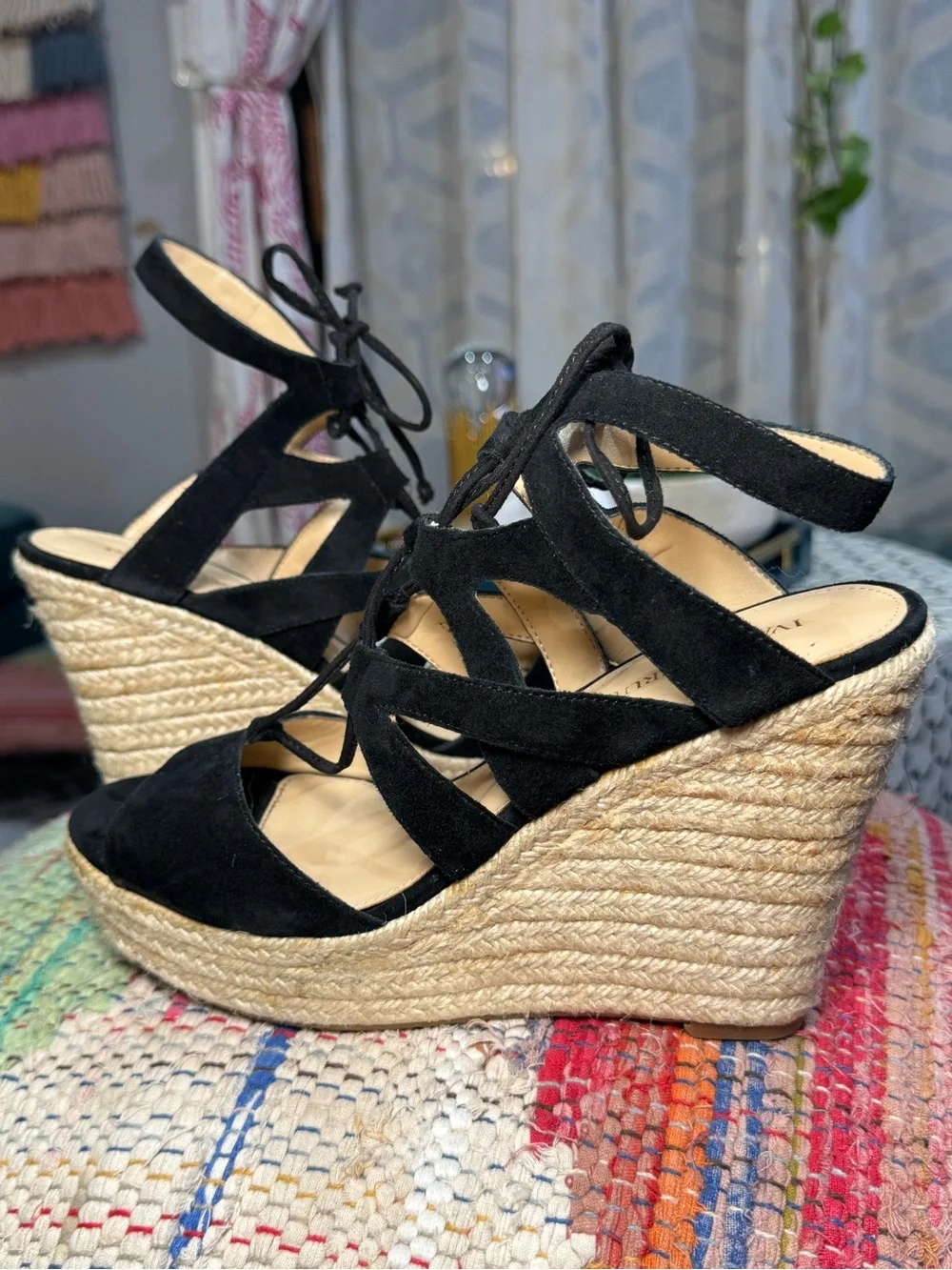 Ivanka Trump Black Suede Lace-Up Espadrille Wedges‎